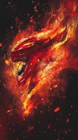 Flaming red sports helmet exploding through dark void.