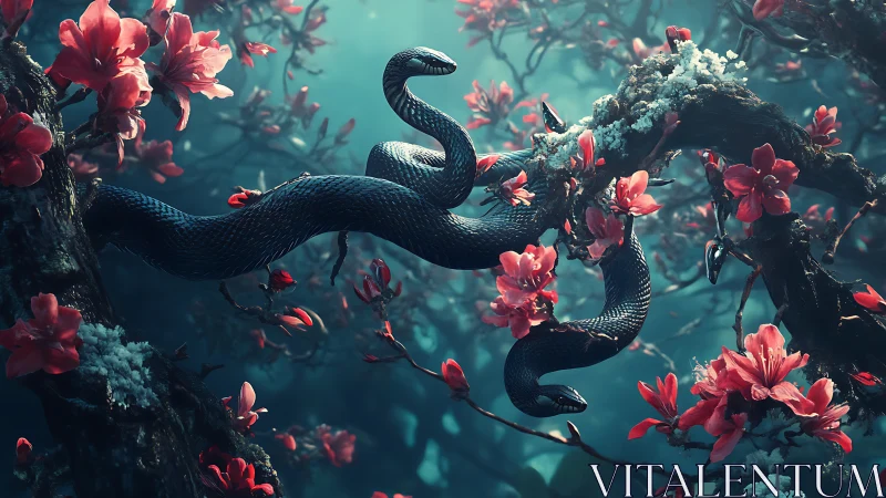 Bioluminescent black snake entwines blossoms in volumetric forest light