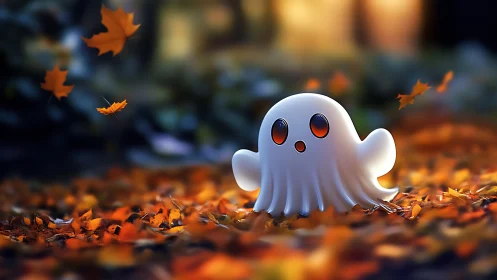 Gentle autumn ghost glowing softly in swirling leaves.