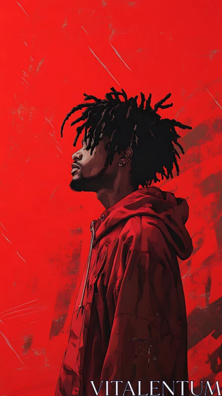 Portrait of man in red hoodie on intense red backdrop.