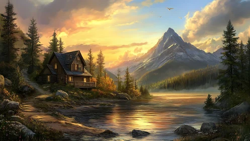 Golden hour mountain lake with illuminated riverside cabin