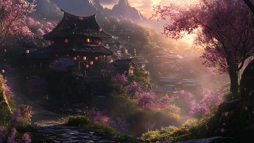 Twilight temple village beneath luminous cherry blossoms.