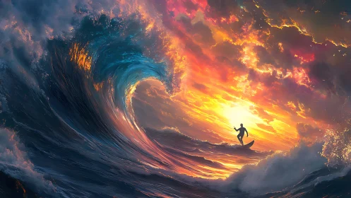 Surfer silhouettes against incandescent storm wave at sunset