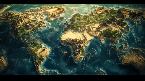 Detailed 3D world map with stylized terrain and seas.