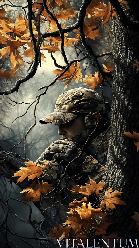 Camouflaged soldier hidden in autumn forest branches.