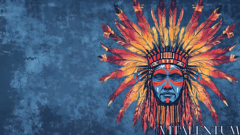 Vivid feathered headdress encircles a solemn painted face