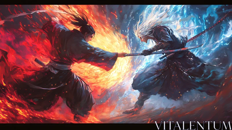 Dueling elemental samurai locked in blazing ice clash.