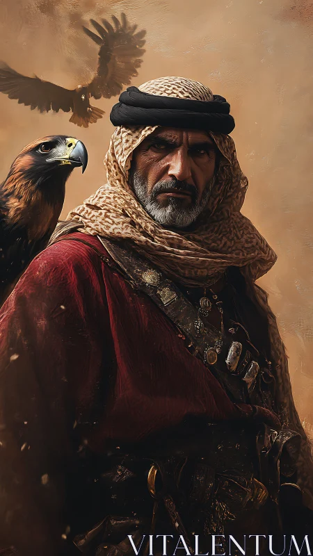 Desert falconer stands storm-still beneath circling wings