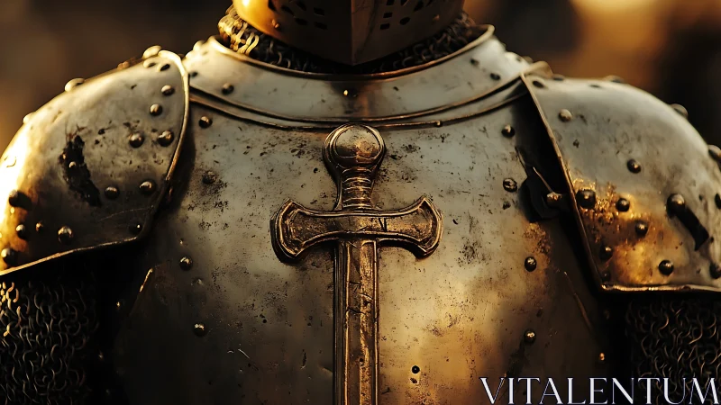 Medieval knight’s breastplate gleams around a central sword.