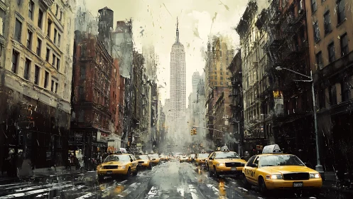Rain-soaked Manhattan avenue with taxis and skyline depth.