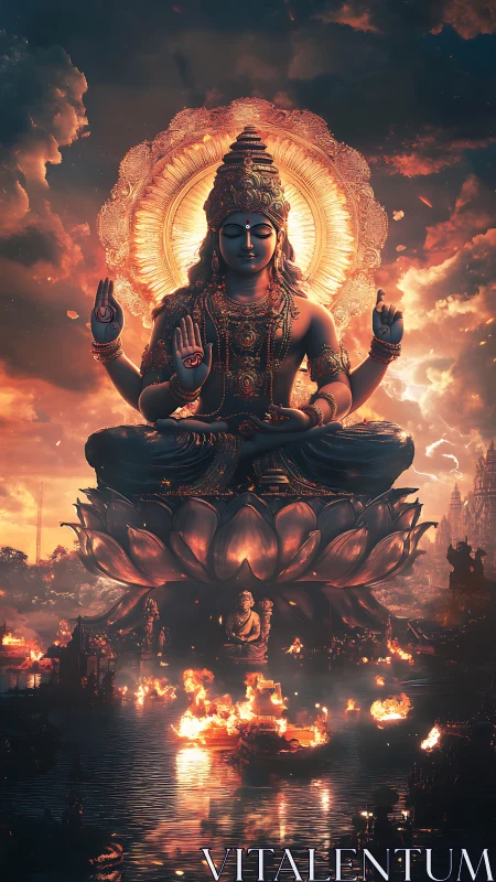 Lotus-borne deity floats above burning river of prayers