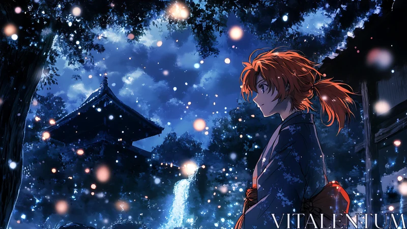 Side-lit anime figure in kimono amid nocturnal shrine waterfall bokeh