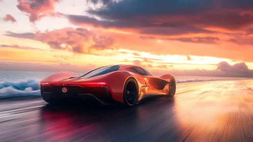 Sunset hypercar streaks along a mirrored neon shoreline.
