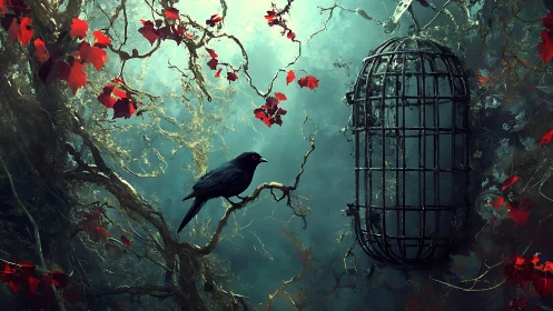 Cyan mist forest scene contrasts black crow with empty iron cage