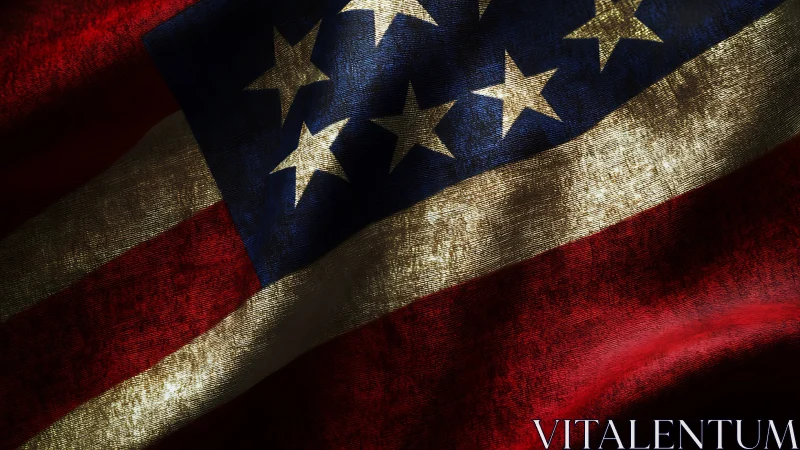 American flag ripples in dramatic textured lighting.