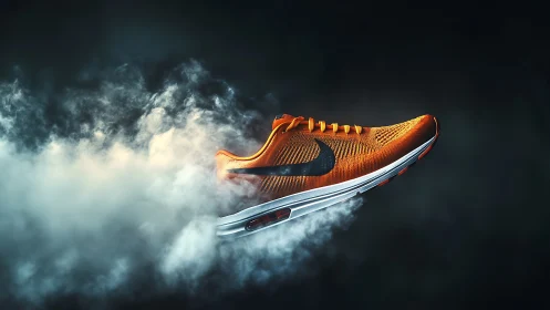 Dynamic orange running shoe slicing through drifting smoke.