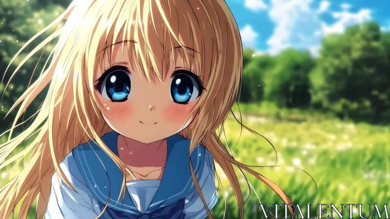 Anime close-up portrait in luminous pastoral background.