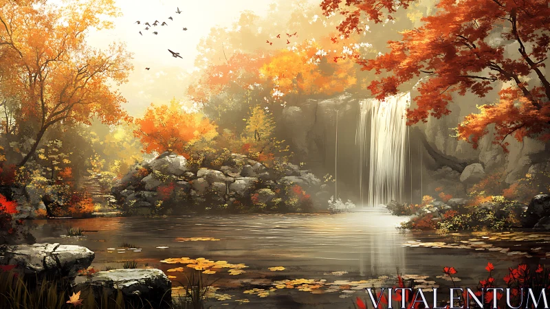 Golden autumn waterfall cascades into tranquil forest pool