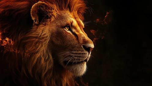 Ember crowned lion king gazes through smoldering twilight.
