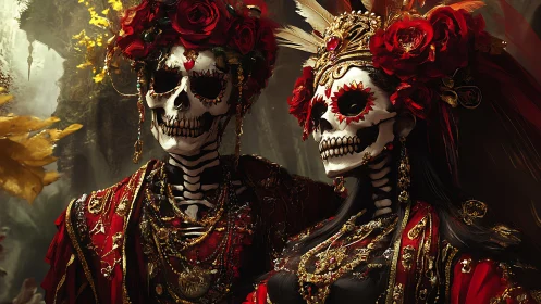 Digital painting of ornate D&iacute;a de los Muertos skeletal regalia.