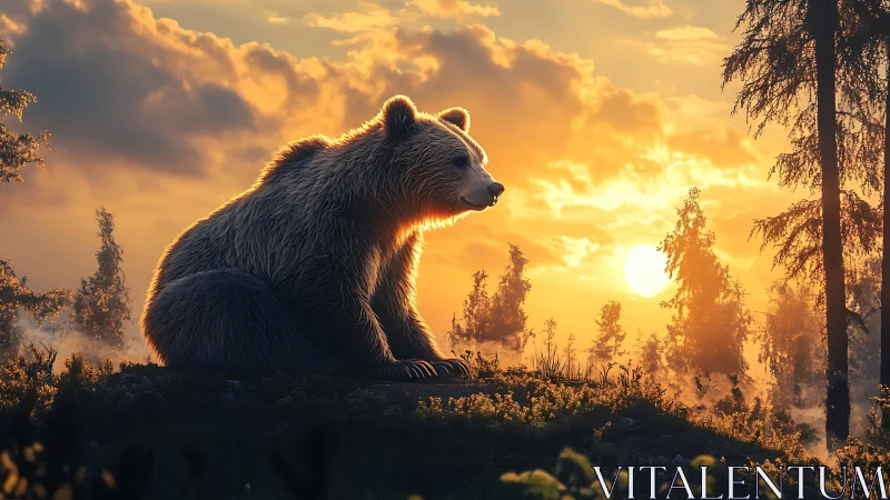 Digital painting of contemplative bear in luminous forest sunset.