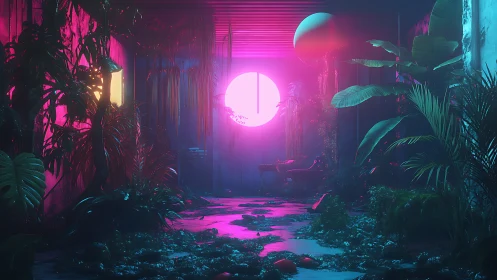 Neon sun floods overgrown cyber hallway with lush plants.