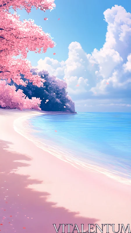 Pink flowering tree coastline scene with blue sky.