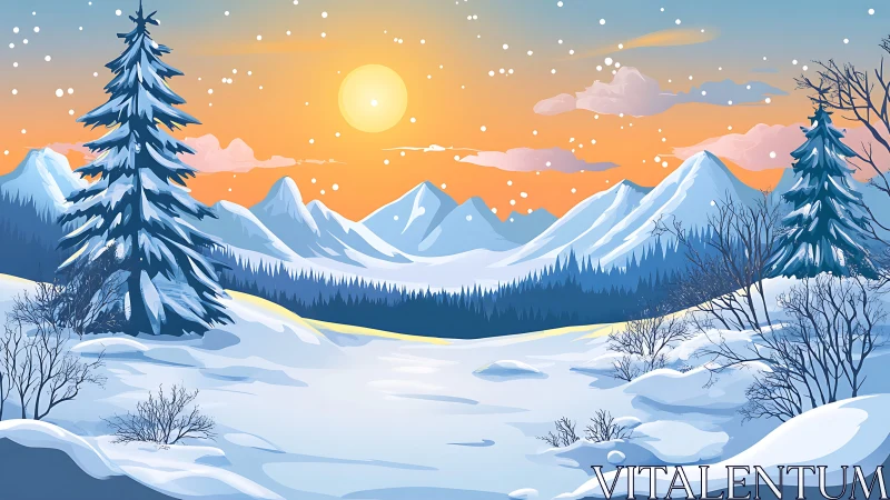 Sunlit alpine winter valley with snowy fir trees at dusk