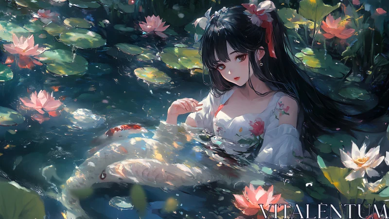 Koi pond anime girl in floral dress amid luminous waterlilies