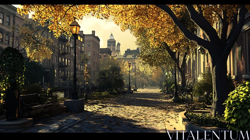 Golden city street glows under autumn trees at sunrise.