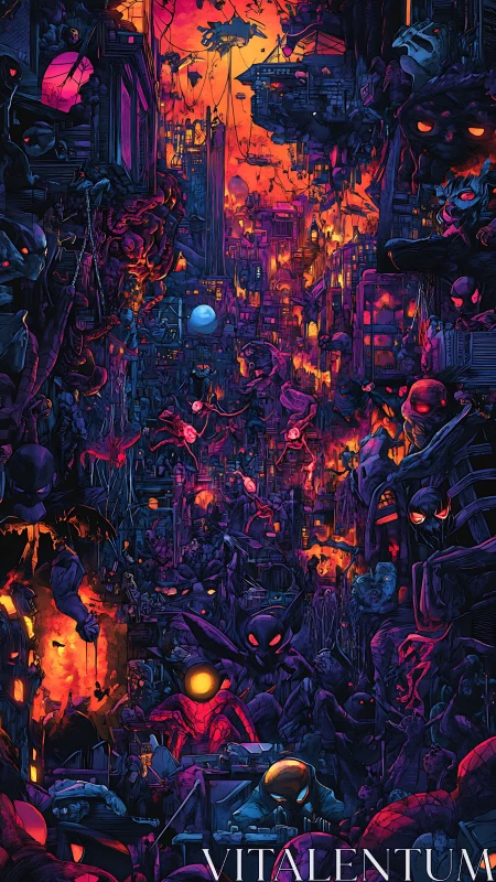 Midnight creatures wandering through a neon ember city.