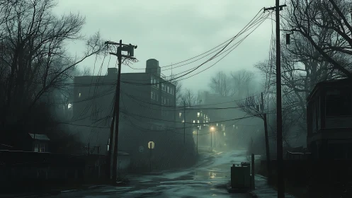 Rain-drenched deserted street before looming foggy block.