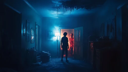 Silhouetted figure faces glowing red entity in blue hallway