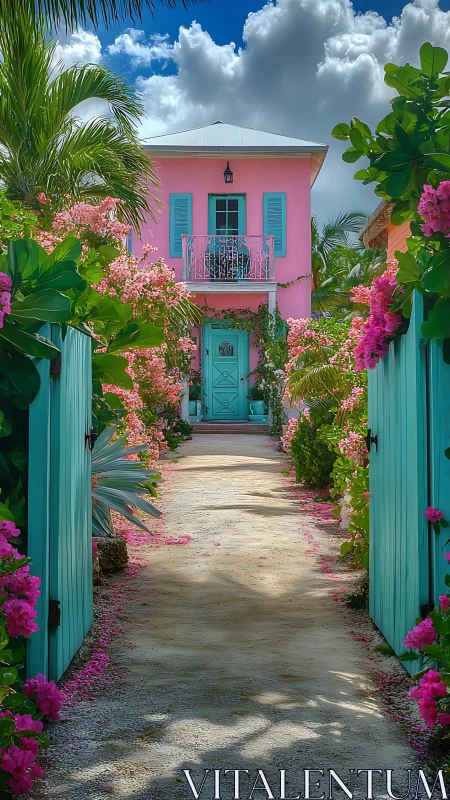 Tropical pastel cottage facade with teal gate and bougainvillea