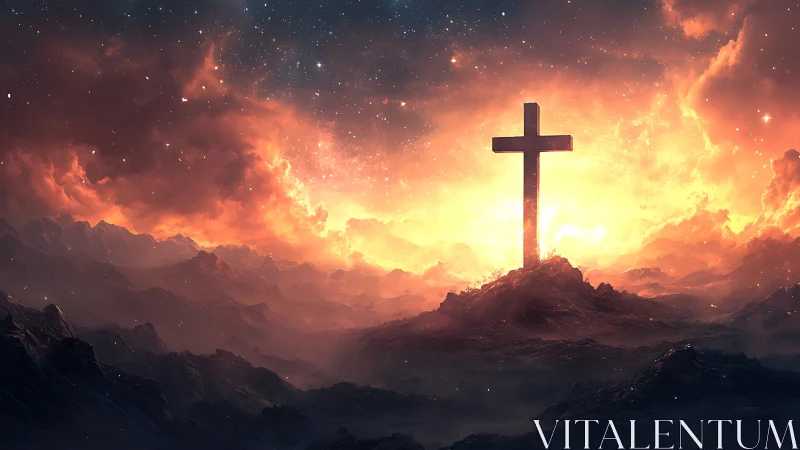 Lone cross on rocky hill against glowing sky at dusk.