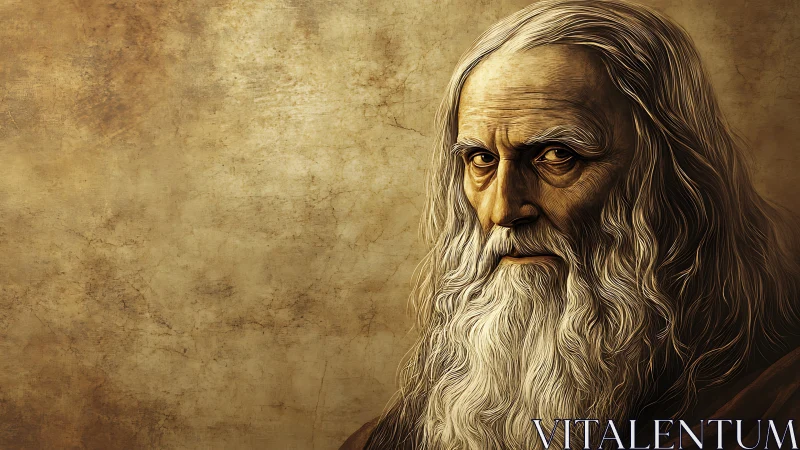 Elderly sage portrait in sepia with textured background.