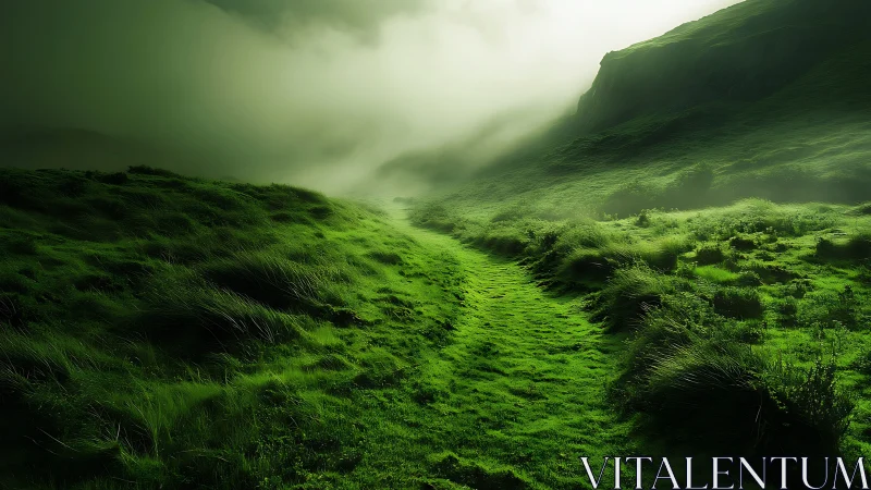 Soft misty path winding through glowing green hills.