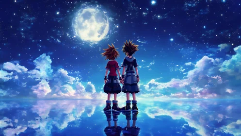 Dual anime silhouettes observe lunar reflection across mirrored sea