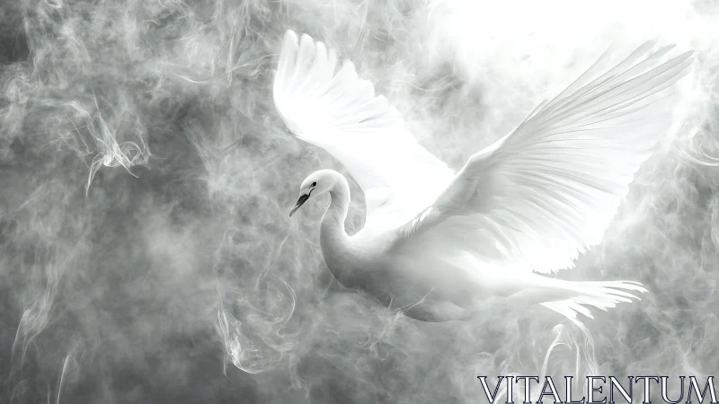 White swan in mid-flight against swirling gray mist.