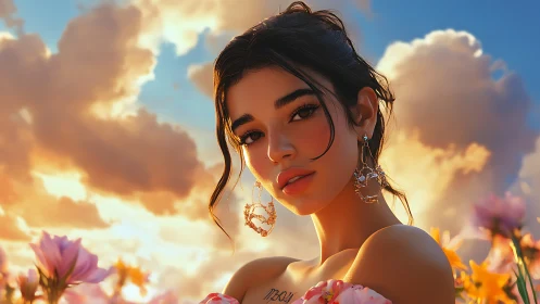 Sunlit portrait of stylized woman amid floral foreground at sunset