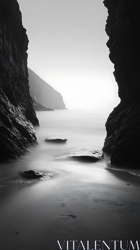 Rocky sea cove frames misty shoreline with long exposure