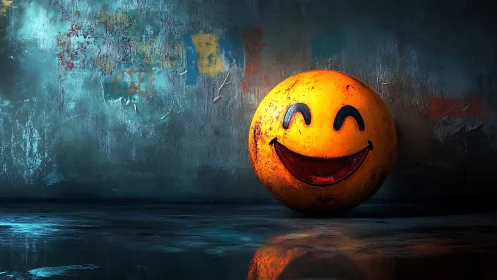 Smiling sphere with worn texture contrasts against grungy wet wall