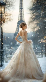 Snowlit bridal silhouette before Eiffel Tower, bokeh drift.