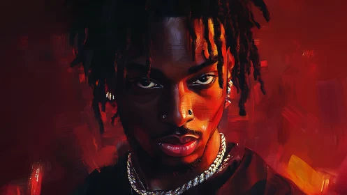 Intense portrait shows man in red light with textured brushwork