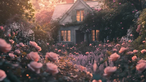 Golden Hour Cottage: Blooming Garden Dreamscape with Architectural Warmth.
