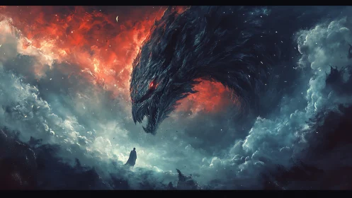 Colossal dark serpentine entity emerging within storm clouds.