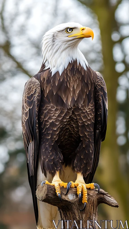 Bald eagle in vertical portrait with crisp feather detail.