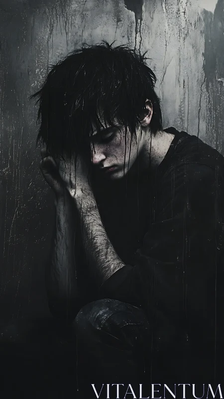 Solitary youth curls inward beneath a curtain of shadowed rain