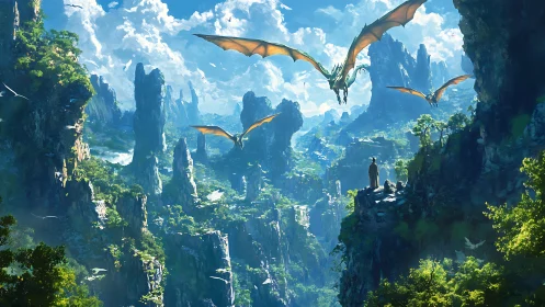 Skyward dragons over emerald spires in mist-drenched realm.