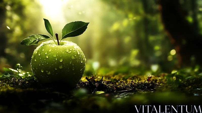 Forest-born green apple crowned with dawnlit dewdrops.